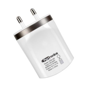 Portronics POR 482 Dual USB Charger (White) Dual USB ports with 5V-(2 x 1A) Both outputs if used will give 1A in both sockets. Elegant glossy Design Sutable for charging tablets,mobiles,GPS etc Overload and Short circuit protection Both output if used will give 1A in both sockets