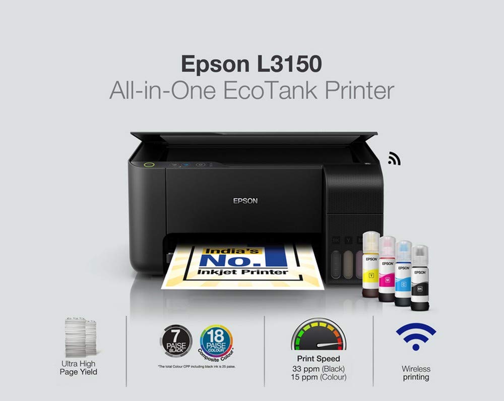 Printer Type – Ink Tank; Functionality – All-in-One (Print, Scan, Copy) , Scanner type – Flatbed; Printer Output – Colour Connectivity – Wi-Fi, USB, App Pages per minute – 33 pages (Black & White), 15 pages (Colour) ; Cost per page – 7 paise (Black & White), 18 paise (Colour) – As per ISO standards Ideal usage – Home and Small office, Regular / Heavy usage (more than 300 pages per month) Page size supported – A4, A5, A6, B5, C6, DL ; Duplex Print – Manual ; Print resolution – 5760 x 1440 Compatible Ink Bottle – T003 (Black), T003 (Cyan), T003 (Magenta), T003 (Yellow) ; Page Yield – 4500 pages (Black & White), 7500 pages (Colour) ; Comes with 4 original Epson Ink Bottle (one of each colour – Bk, C, M, Y) inside the box Warranty – 1 year or 30,000 pages whichever is earlier on-site warranty from the date of purchase