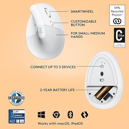 Logitech Lift Vertical Ergonomic Mouse, Wireless, Bluetooth or Logi Bolt USB Receiver