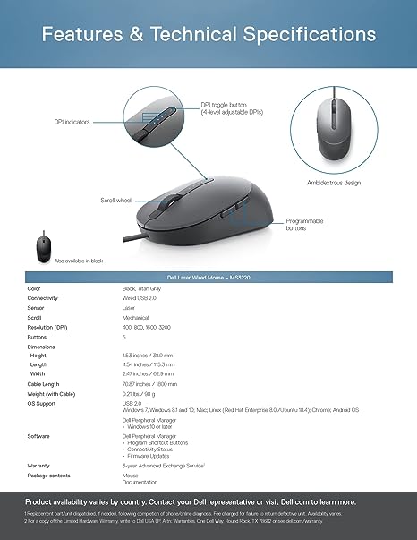 Dell MS3220-Black Laser Wired Mouse, 3200 DPI,